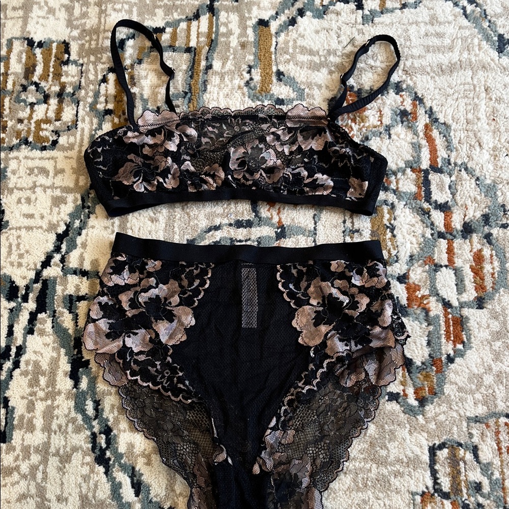 Black and Pink Lace Lingerie Set